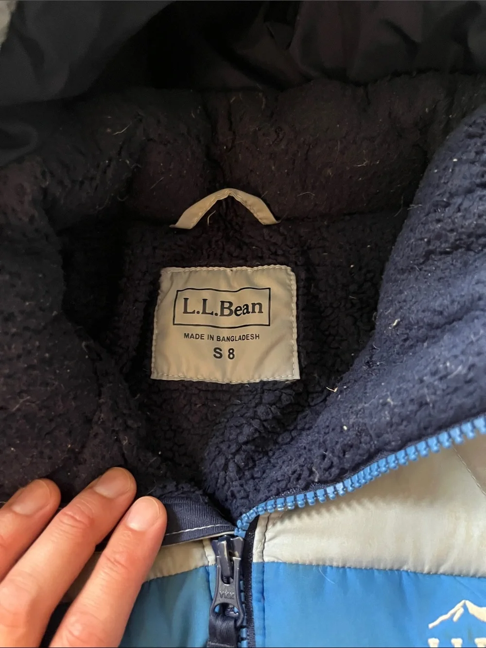 L.L. Bean Kids Colorblock Hooded Puffer Jacket in Navy, Yellow & Light Gray